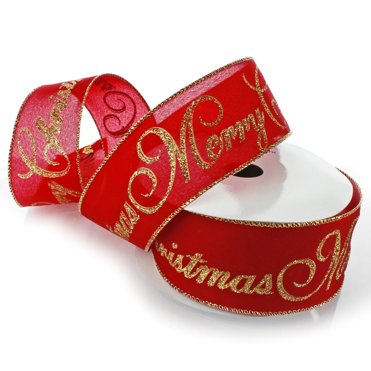 2 1/2" Wired Ribbon Gold Glitter Merry Christmas Red - 10 Yards